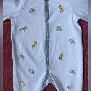 EUC Little Me embroidered animal footie and hat set, striped hems